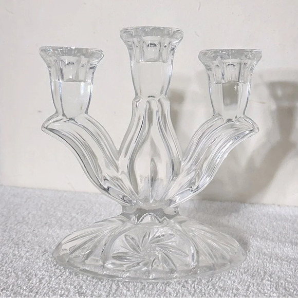 Vintage  Cut Crystal Pinwheel Star Pattern 3 Arm Candle Holder Candelabra - Picture 1 of 15